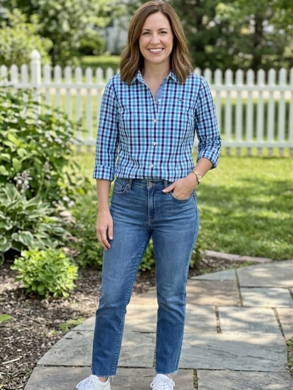 Vineyard Vines Blue & White Gingham Button-Up Blouse NWOT Sz 16